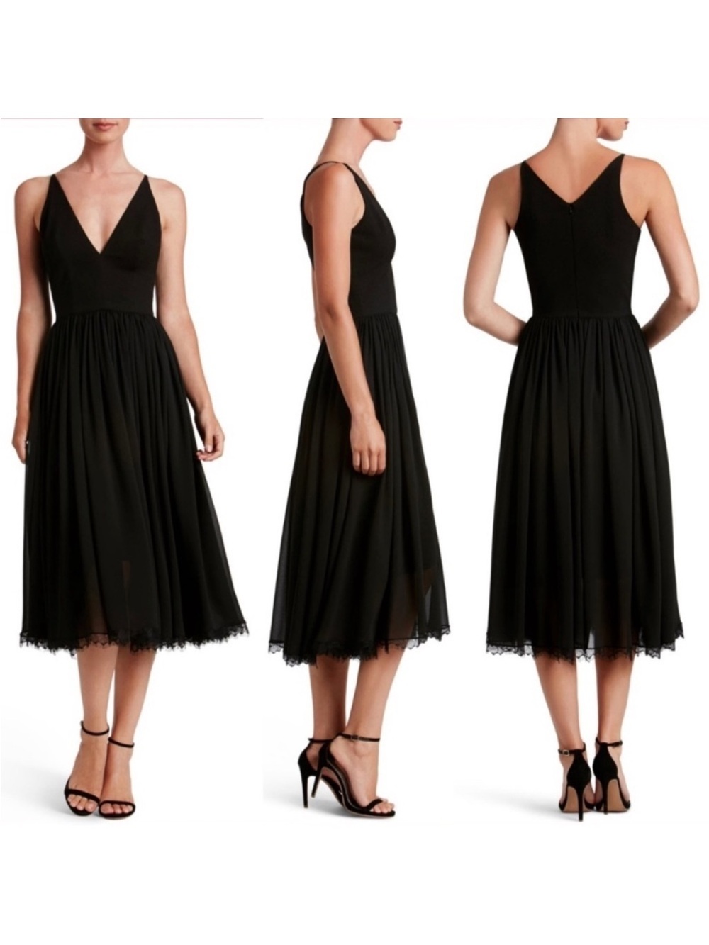 Dress the Population Alicia Dress Black Chiffon Midi Twirl V-Neck Size S - Picture 1 of 15